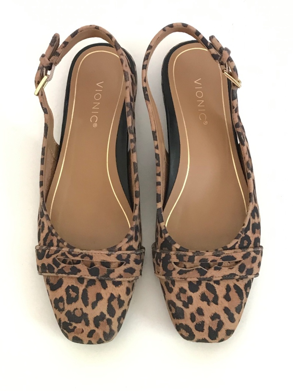VIONIC Lynda Leopard Print Square Toe Slingback Flats Tan/Black Women's 6M